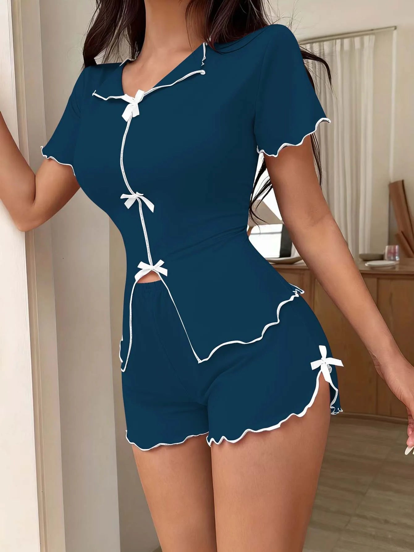 Bow Short Sleeve Top And Shorts Sleepwear Set