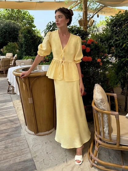 100% Cotton Bubble Sleeve Shirt  Long Skirt Set