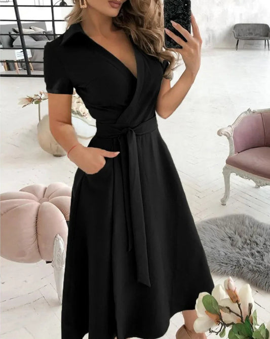 Short Sleeve Wrap V Neck Midi Dress