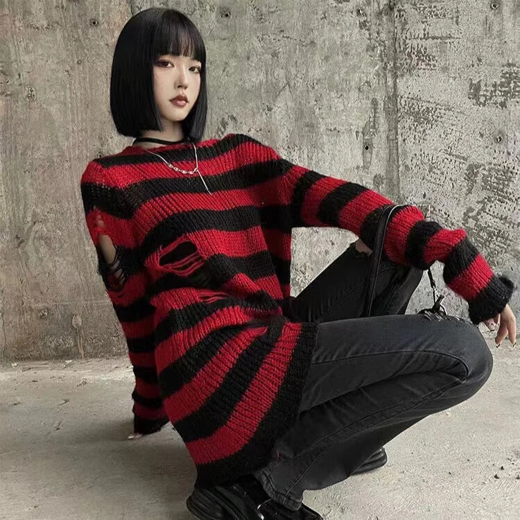 Punk Gothic Long Unisex Sweater Striped Cool Hollow Out Hole Broken Jumper