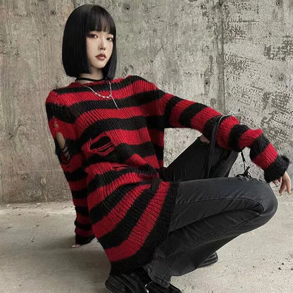 Punk Gothic Long Unisex Sweater Striped Cool Hollow Out Hole Broken Jumper