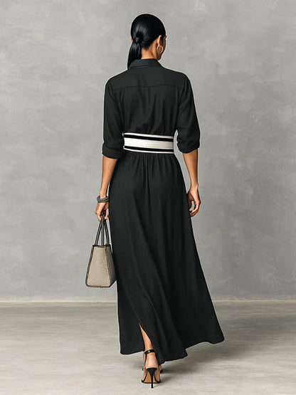 Shirt Maxi with Wide Striped Belt  Roll-Up Sleeve High Slit Elegant Casual Dress