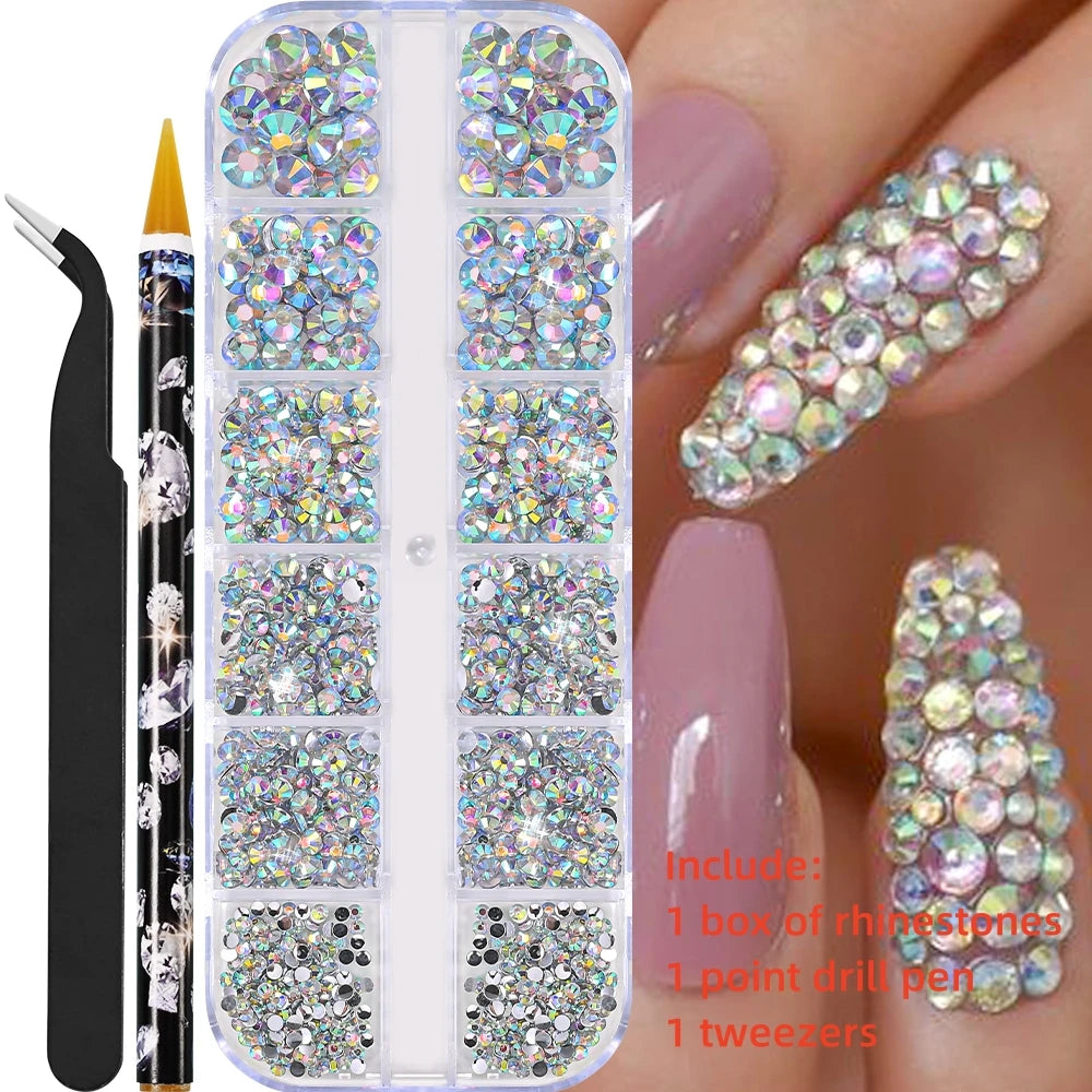 12Gird 3D Glass AB Crystal Nail Art Rhinestones Kit