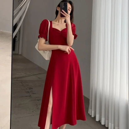 Solid Puff Short-Sleeved Elegant Slit Dress