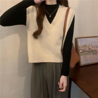 V-neck Knitted Vest Vintage Sleeveless Sweater Waistcoat Korean Chic