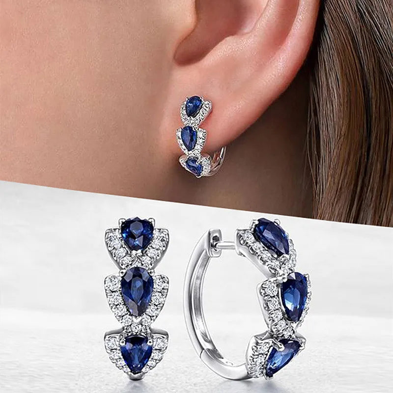 925 Sterling Silver Blue Cubic Zirconia Hoop Earrings