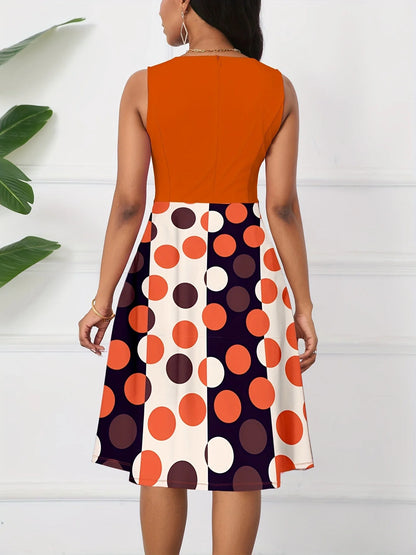 Twist Crew Neck Sleeveless Peplum Polka Dot Fit Swing Dress