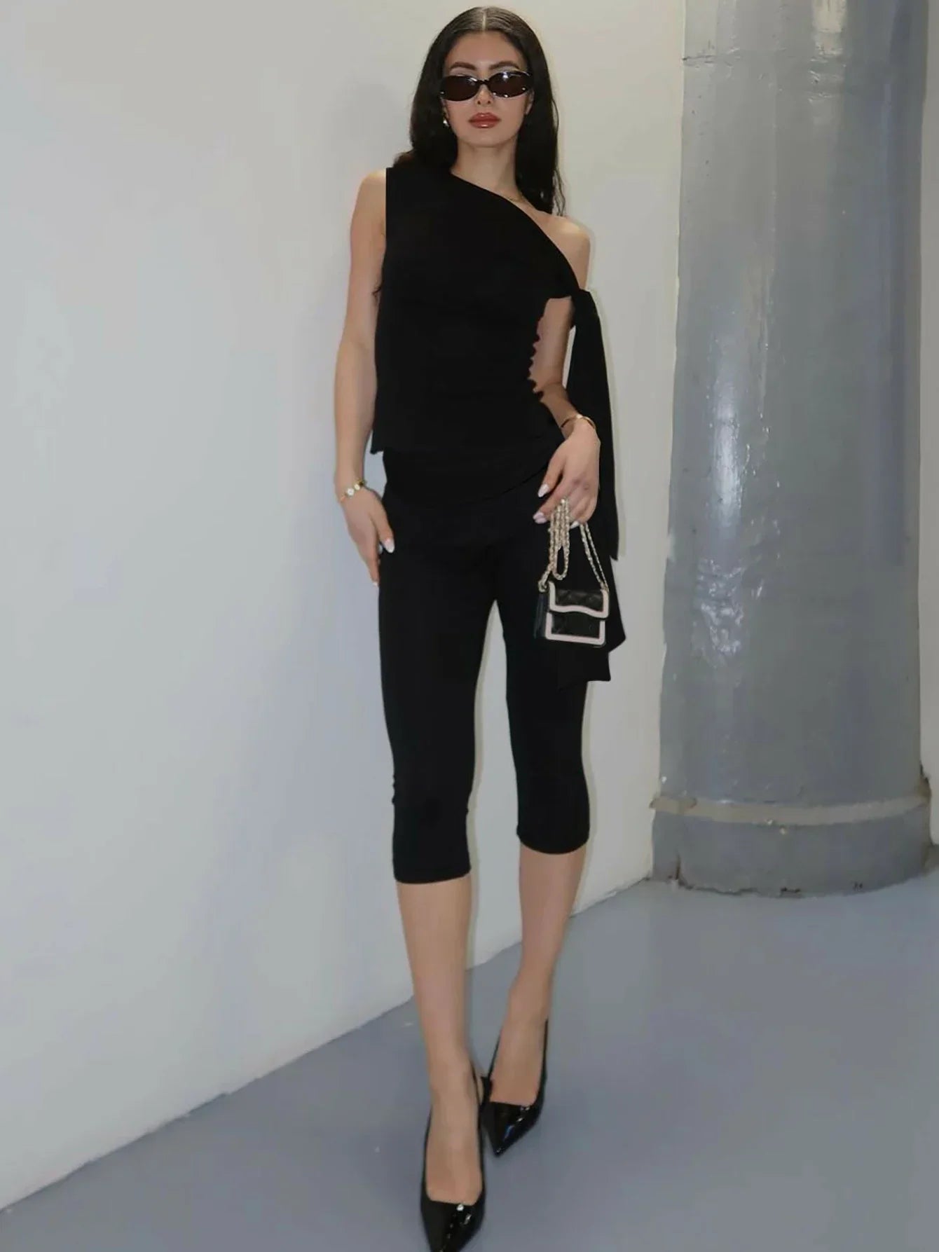 One Shoulder Sleeveless Sexy Set