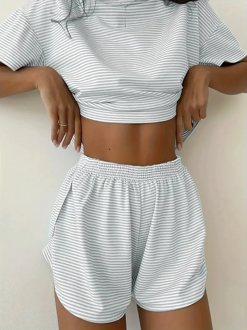 Striped Short-Sleeved T-Shirt and Shorts Home Wear Pajama