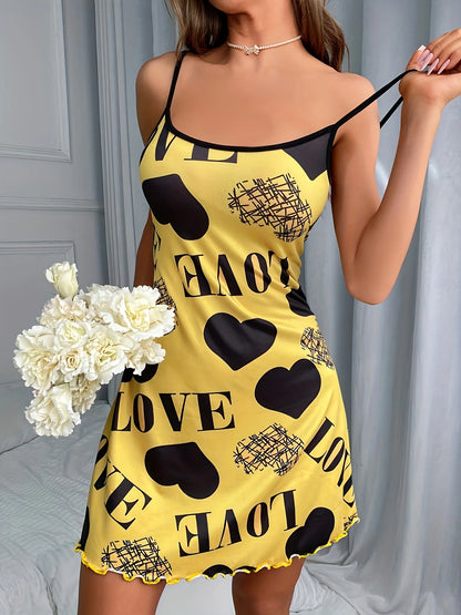 Love Heart Print Satin Sleepwear Dress