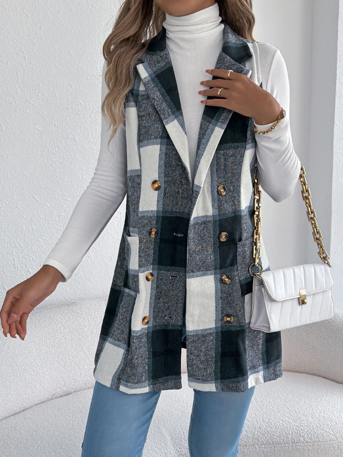 Lapel Double Breasted Plaid Vest Sleeveless Blazer