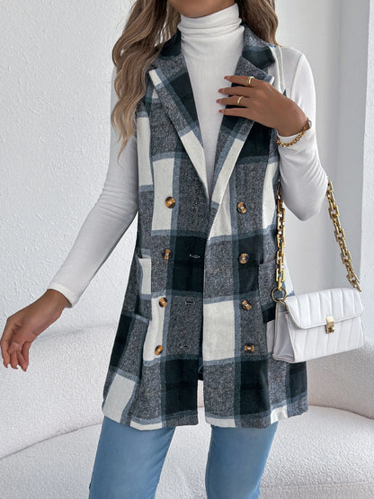 Lapel Double Breasted Plaid Vest Sleeveless Blazer