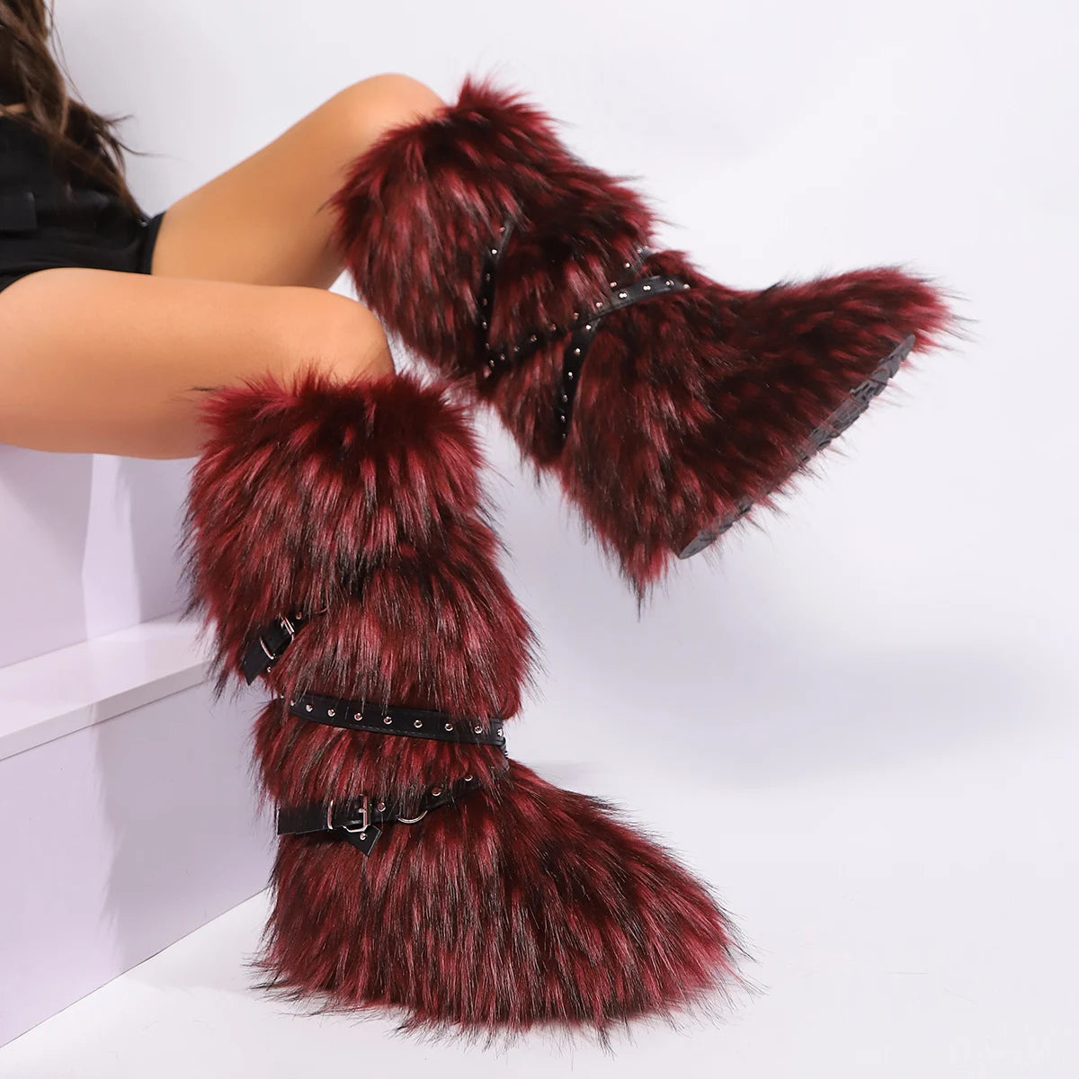 Red Animal Fur Belt Buckle Mid-Calf Boots