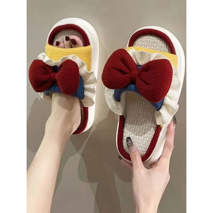 Linen Cute Platform Black Bow Soft Slippers