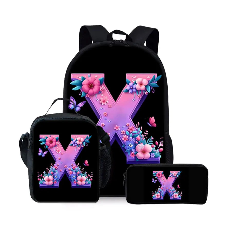 English Alphabet Pattern 2D Flat Cartoon School Backpack Three Piece Set