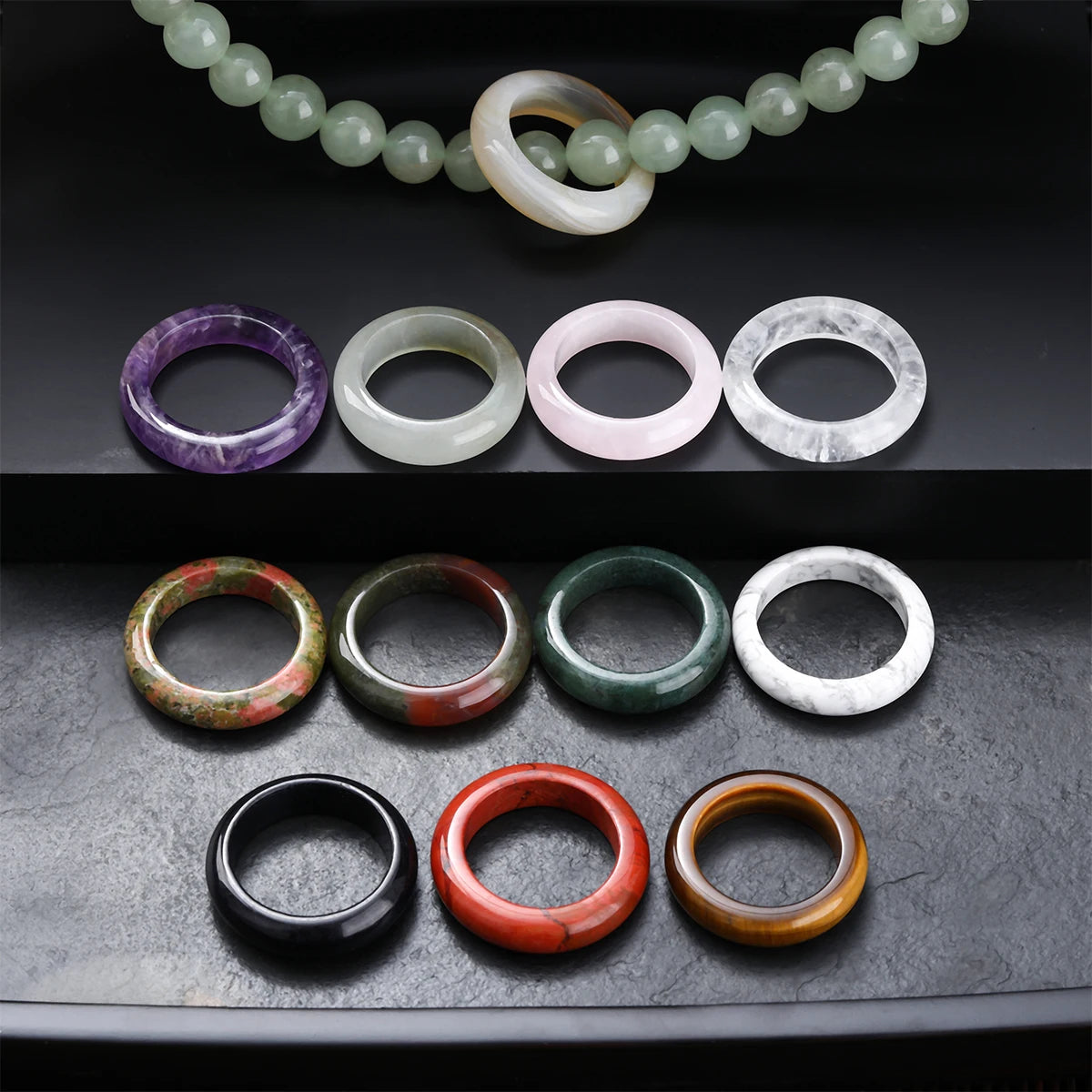 1 Pc Natural Stone Jade Crystal Agate Obsidian Fengshui Lucky Rings