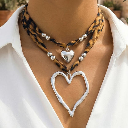 Layered Leopard Print Heart Choker Necklace Set