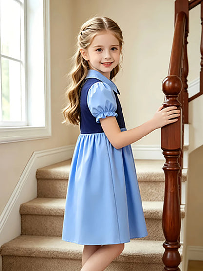 Blue Color Block Preppy Princess Puff Sleeve Dress