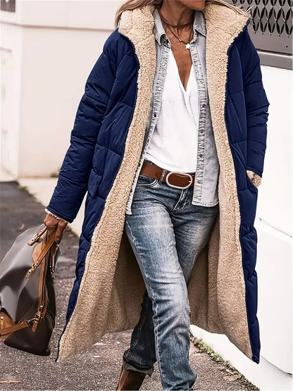 Warm Reversible Hooded Long Puffer Coat Fleece Lined Zip Up Winter Parka