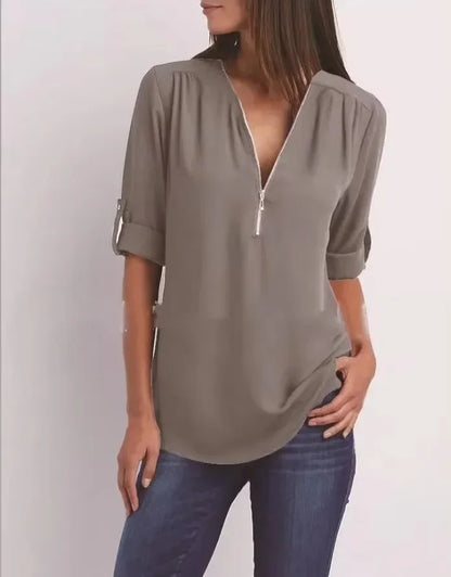 Loose Shirt Deep V Neck Chiffon Blouse