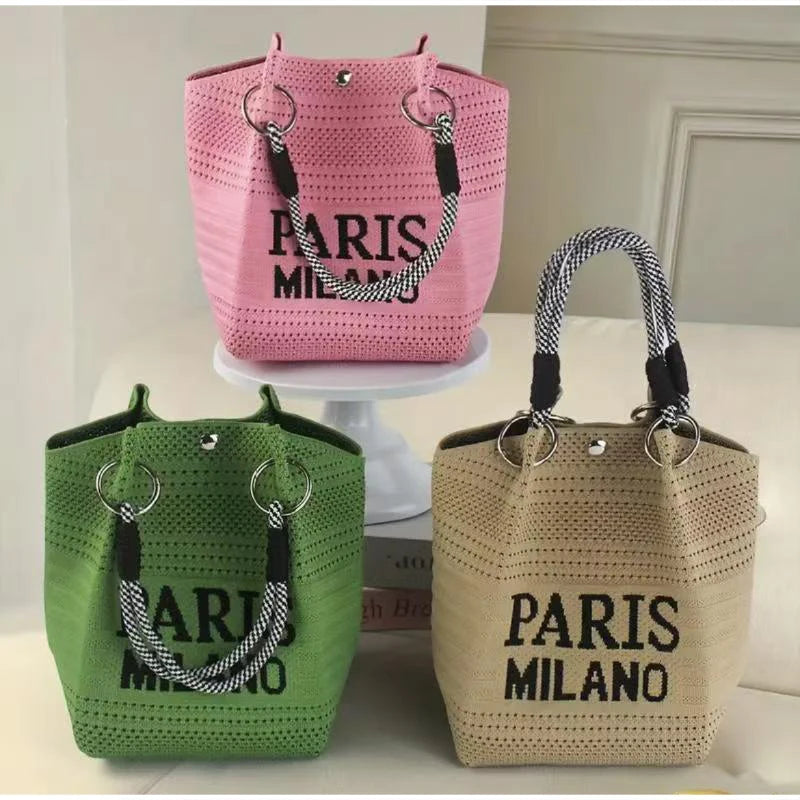 Letter Print Hollow Knit Bucket Lightweight Woven Handbag Small Tote Bag