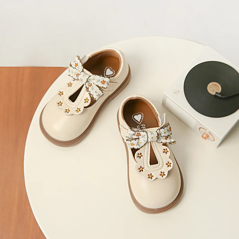 Cute bow Leather T-strap Oxfords Soft Shoes