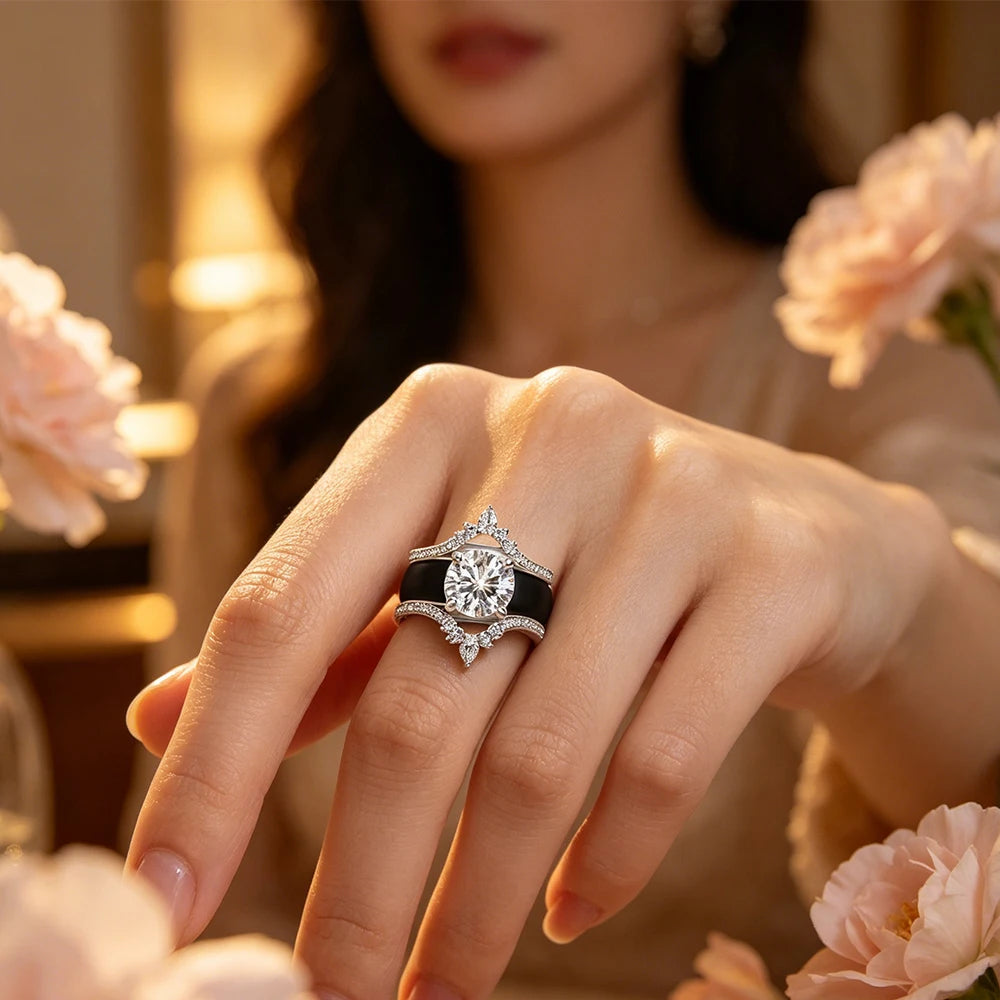 3pcs Pear Shaped Diamond Simulant Crown Black Silicone Ring Set