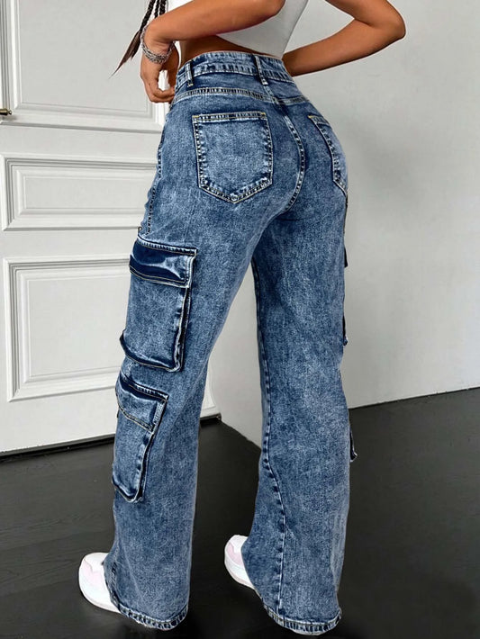 Street Multi Flap Pockets Tape Elastic Waist Straight Leg Cargo Jeans