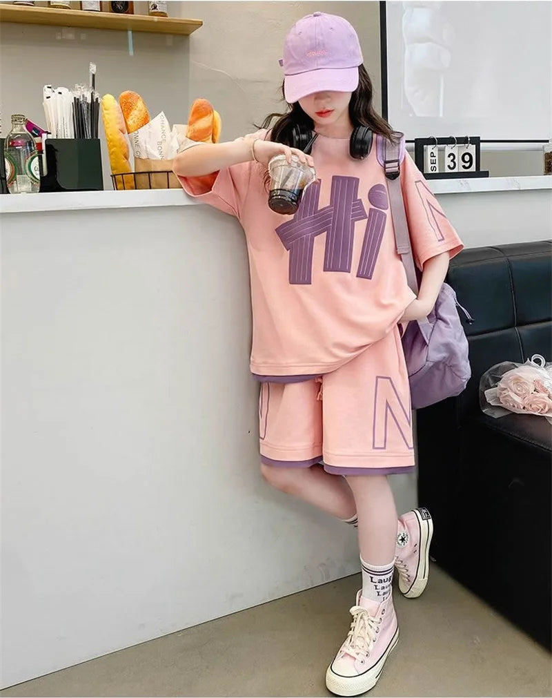 Short Sleeve Teen Loose Casual Letter Print Outfits Set