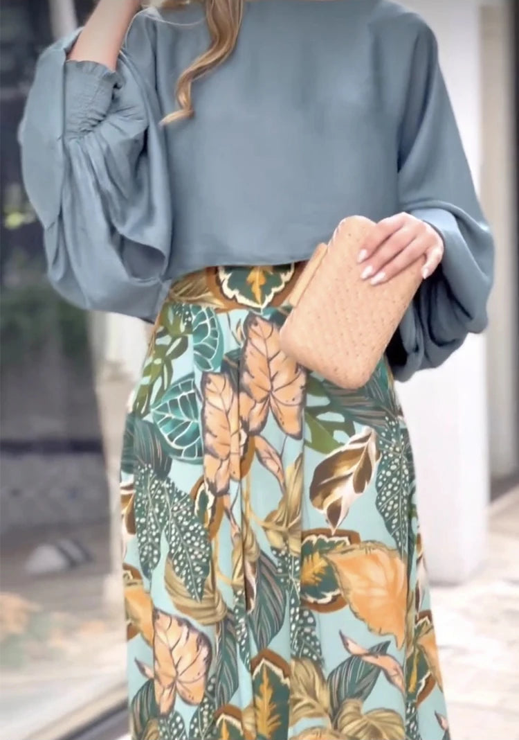 Autumn Solid Long Sleeve T-shirts & Digital Print Wide Leg Pants Set