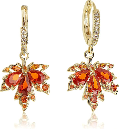 Dainty Rhinestone CZ Dangling Golden Leaf Small Hoop Dangle Earrings