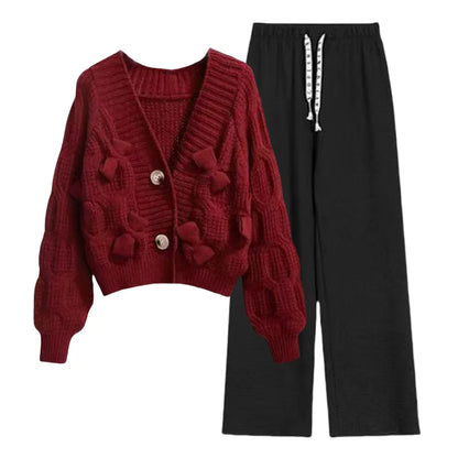 Korean Sweet Bow Outfit Long Sleeve Cardigan Knitwear Wide Leg Pants Set