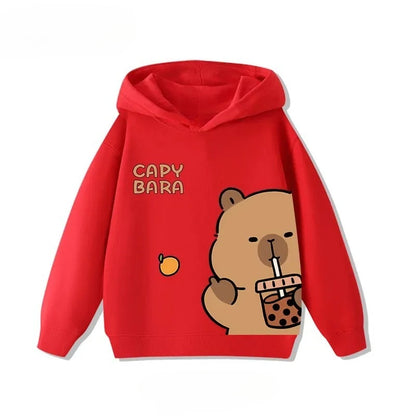 Autumn Winter Cartoon Cute Capybara Print Hooded Pullover