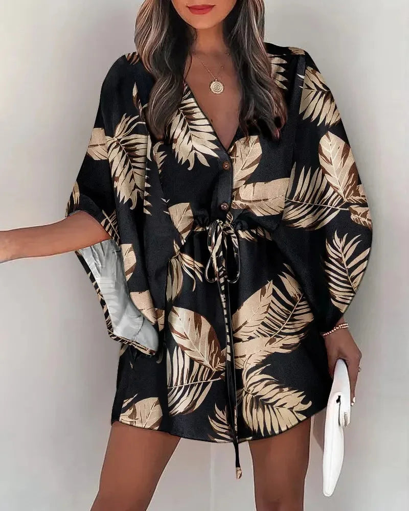 Floral Print Bat Half-Sleeve Dress
