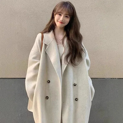 Woolen Versatile Korean Style Medium Length Long Sleeve Elegant Coat