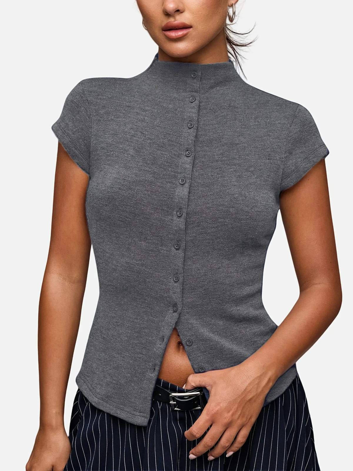 Knitted Turtleneck Top Slim Four-Season Short-Sleeved Cardigan