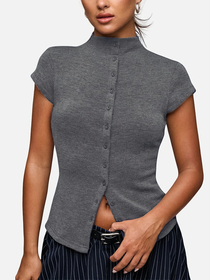 Knitted Turtleneck Top Slim Four-Season Short-Sleeved Cardigan