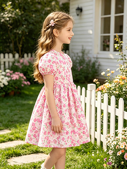 Pink Floral Summer Puff Sleeve Princess Dress