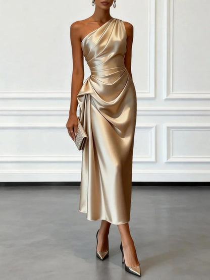 One Shoulder Satin Midi Dress With Ruched Waist Sleeveless
