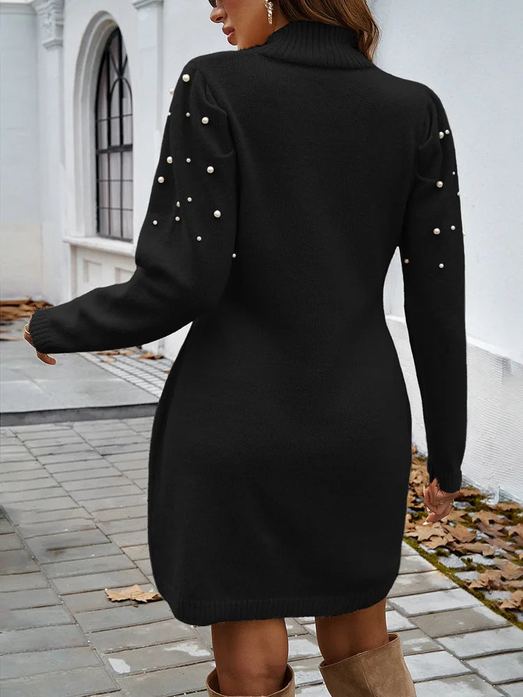 Elegant Knitted Warm Thick Slimming Pearl Long Sleeve Wrap Hip Dress