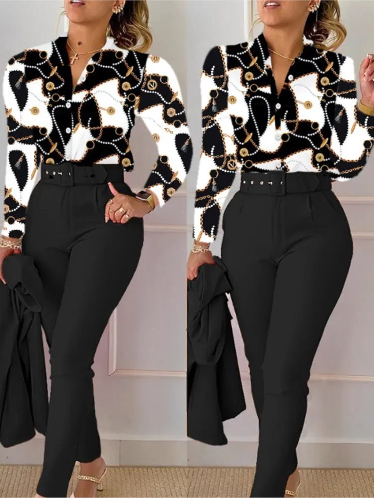 Floral Print Long Sleeve Shirt Pants Sets