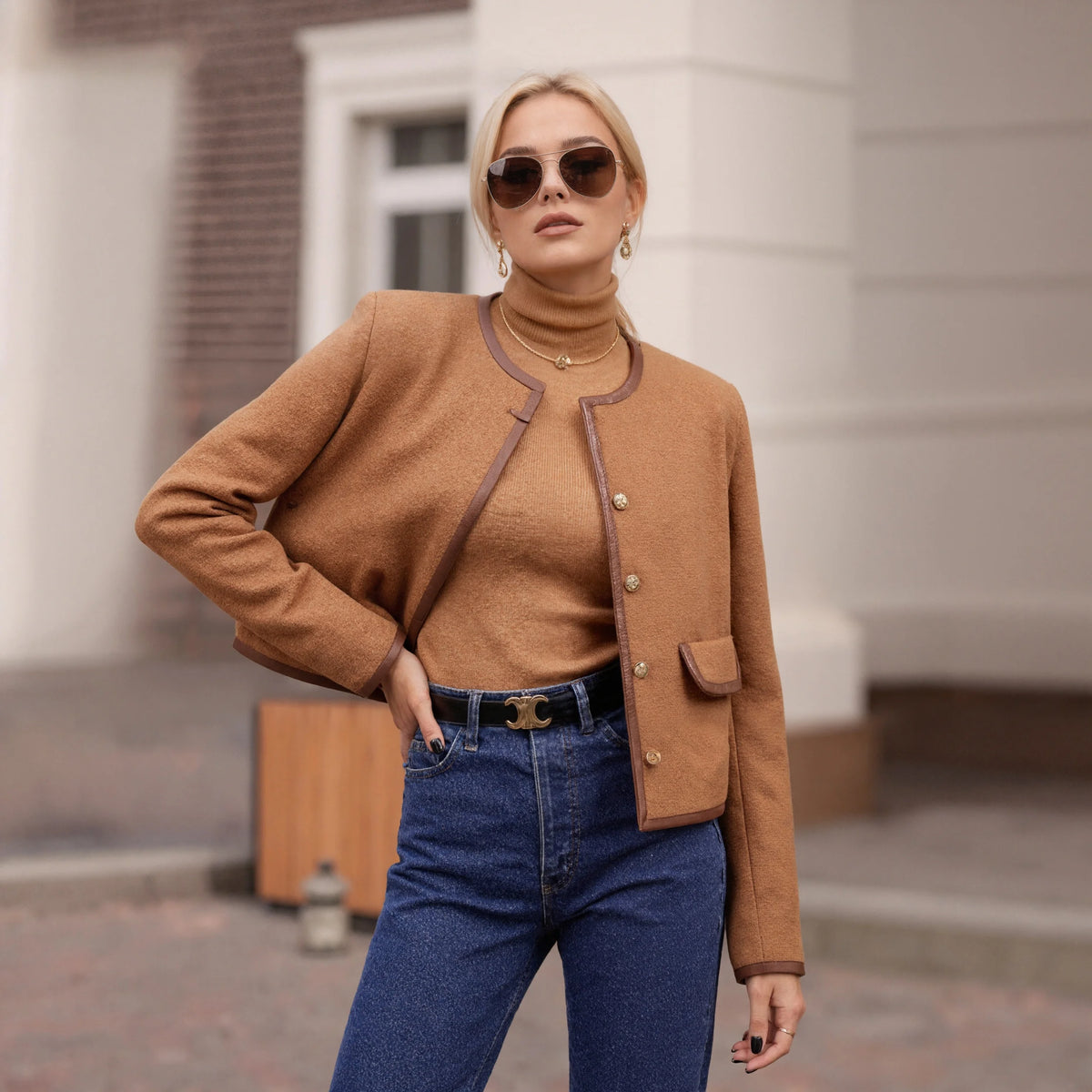 Elegant Camel Tweed Cropped Jacket  Vintage Gold Button O-Neck Short Coat