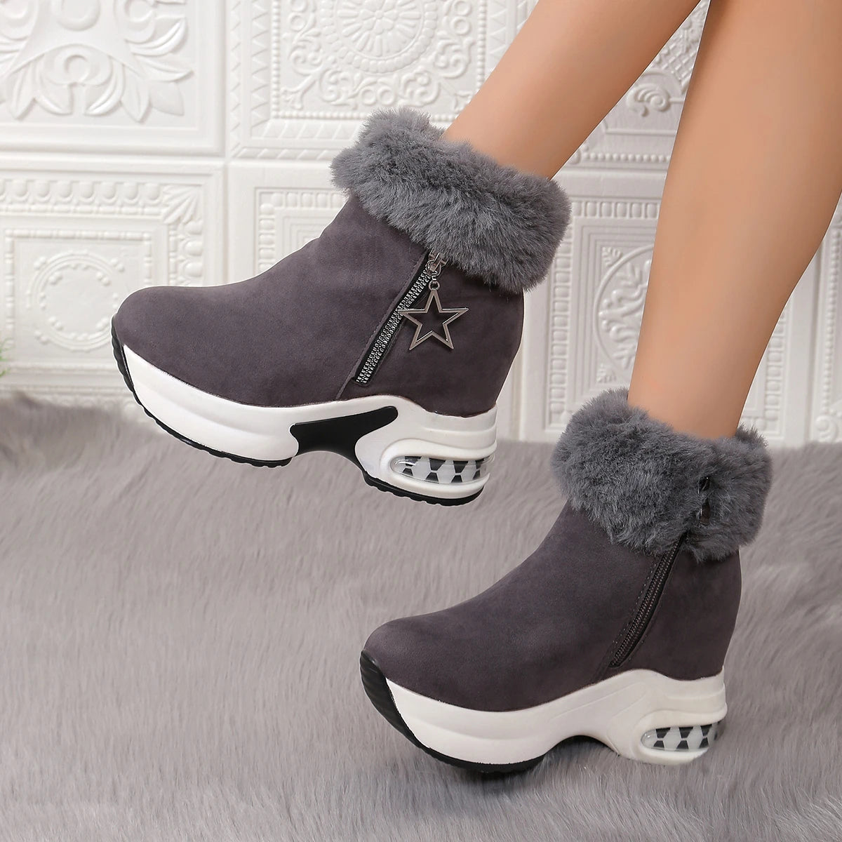 Winter Casual High Heels Thickened Fluff Wedge Platform Snow Boots
