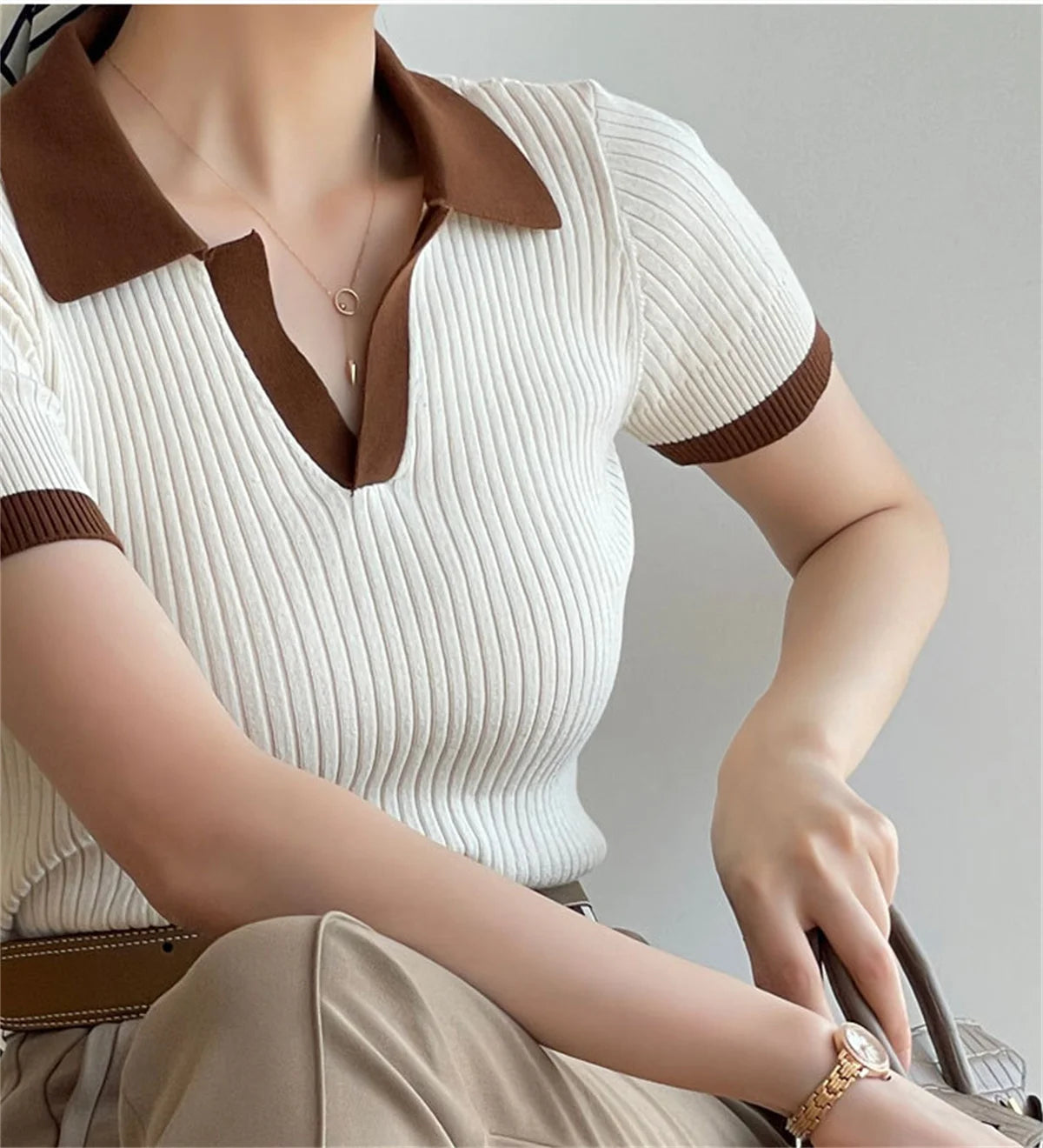 Short Sleeve Polo Neck Knitted Lightweight Knitted Sweater Polo Shirts