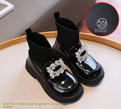 Short Crystal Cute Sewing Thread Thick Bottom Soft Sole Leather Shoes