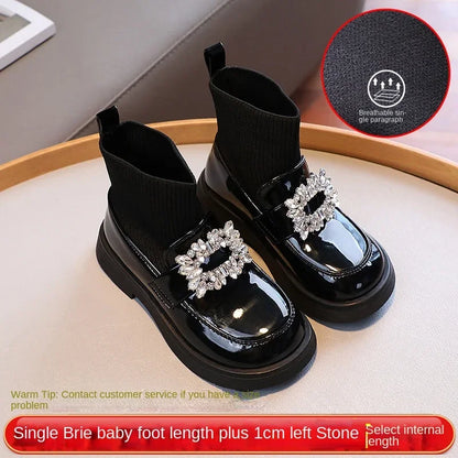 Crystal Decoration Sewing Thread Thick Bottom Soft Sole Round Toe Leather Shoes