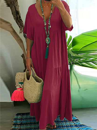 Plus Size Casual Loose V-Neck Solid Long Dress S