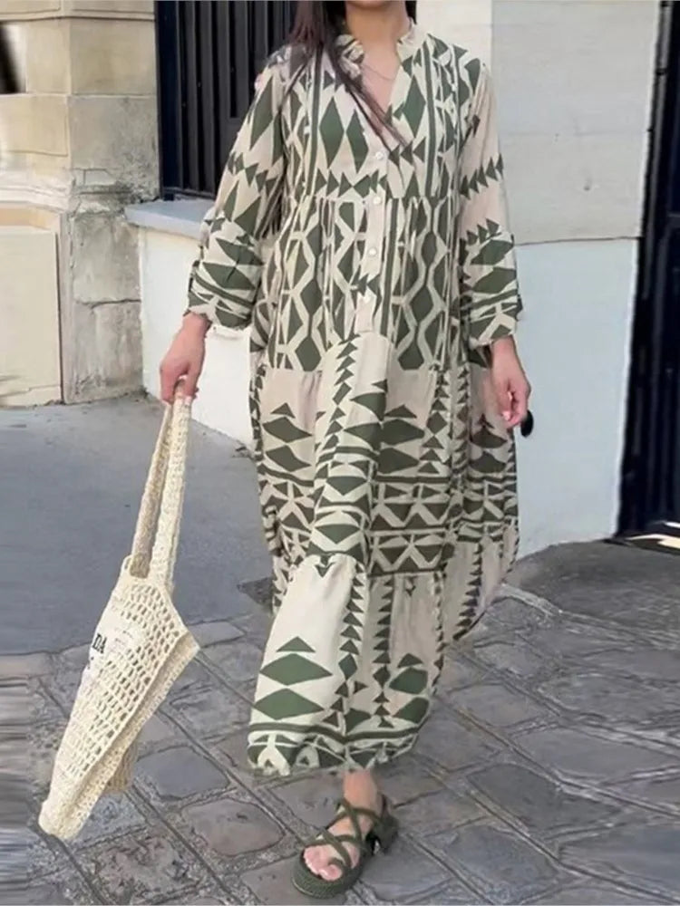 Vestido largo de manga larga con cuello en V y cintura alta