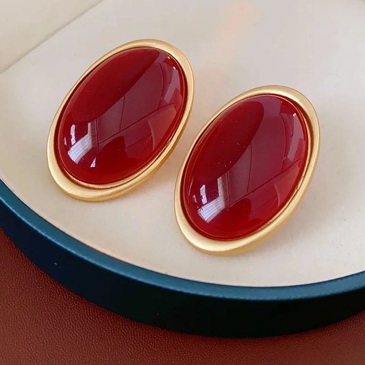 Vintage Red Resin Stud large Geometric Oval earrings