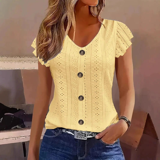 Casual solid ruffle sleeve V-neck T-shirt